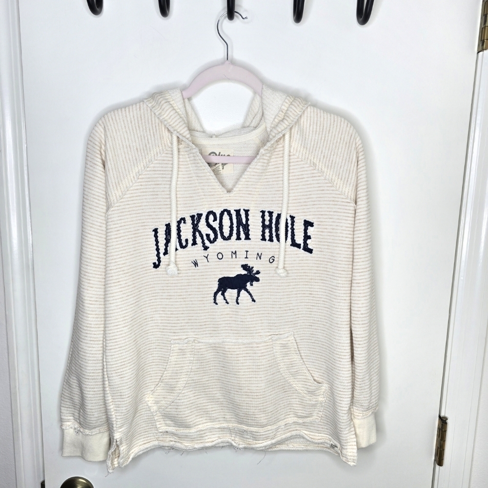 Blue 84 Jackson Hole Wyoming Cream Tan Striped Textured Hoodie Size Small